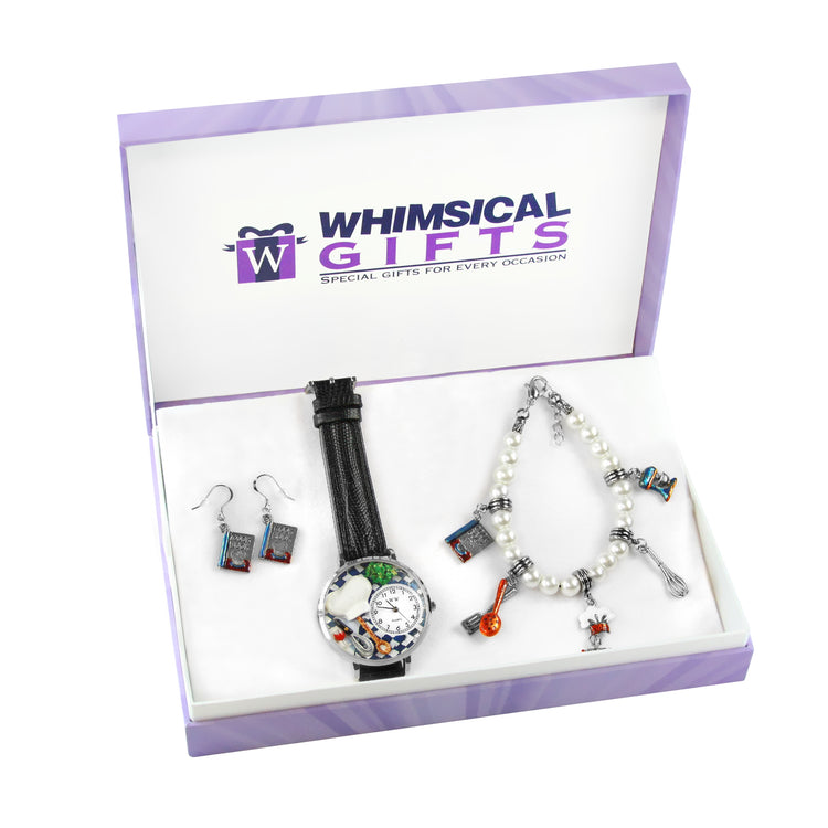 Whimsical Gifts | Chef Watch-Earrings-Bracelet 3 Piece Jewelry Gift Set in Silver Finish | Hobbies & Special Interests | Chef | Cooking | BakingJewelry