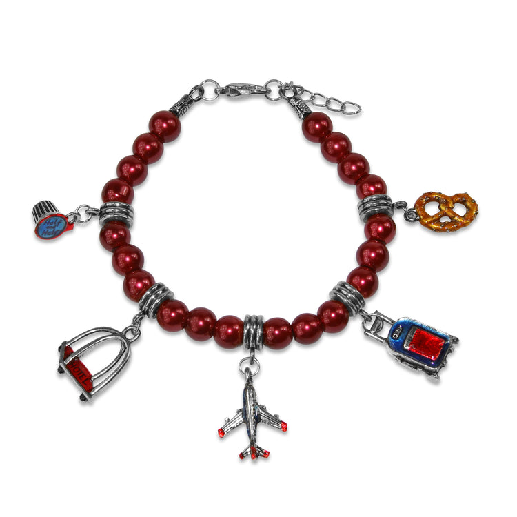 Whimsical Gifts | Flight Attendant Charm Bracelet | Red Glass Beaded Bracelet in Antique Silver Finish | Professions Themed | Flight Attendant | Traveler Jewelry