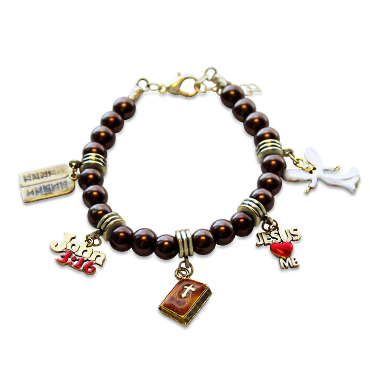 Whimsical Gifts | Religious Charm Bracelet | Cognac Glass Beaded Bracelet in Antique Gold Finish | Religious & Spiritual | Jewelry