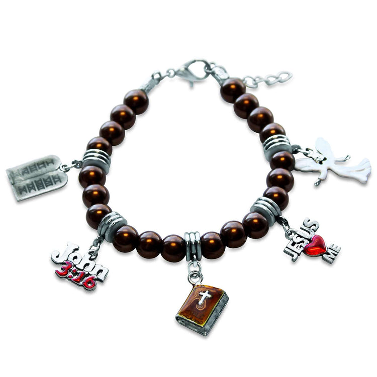 Whimsical Gifts | Religious Charm Bracelet | Cognac Glass Beaded Bracelet in Antique Silver Finish | Religious & Spiritual | Jewelry