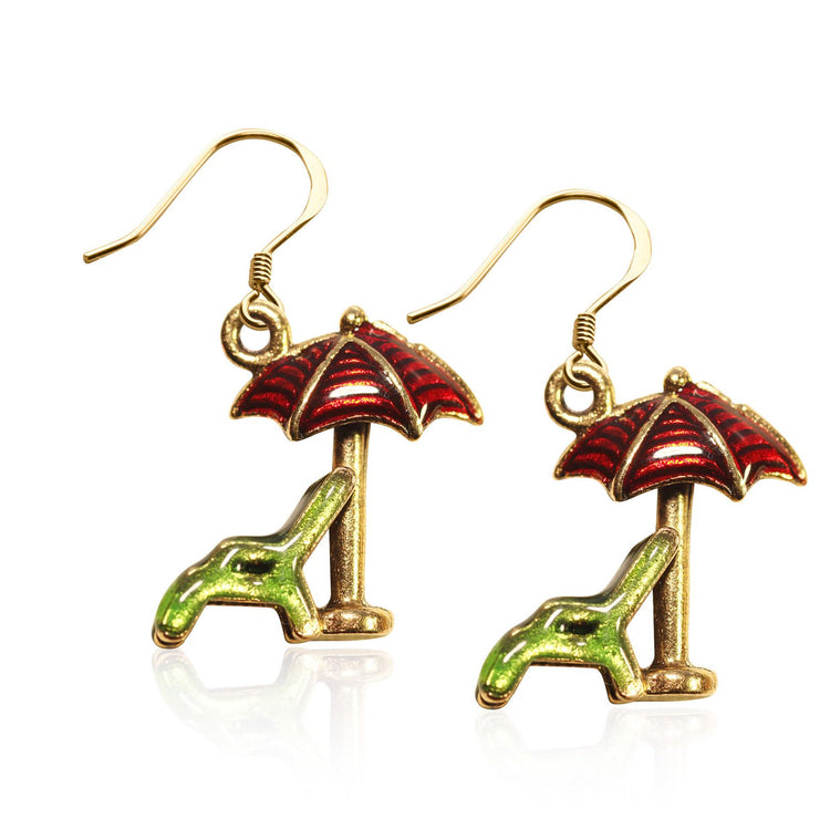 Whimsical Gifts | Beach Chair w/Umbrella Charm Earrings in Gold Finish | Holiday & Seasonal Themed | Spring & Summer Fun | Jewelry