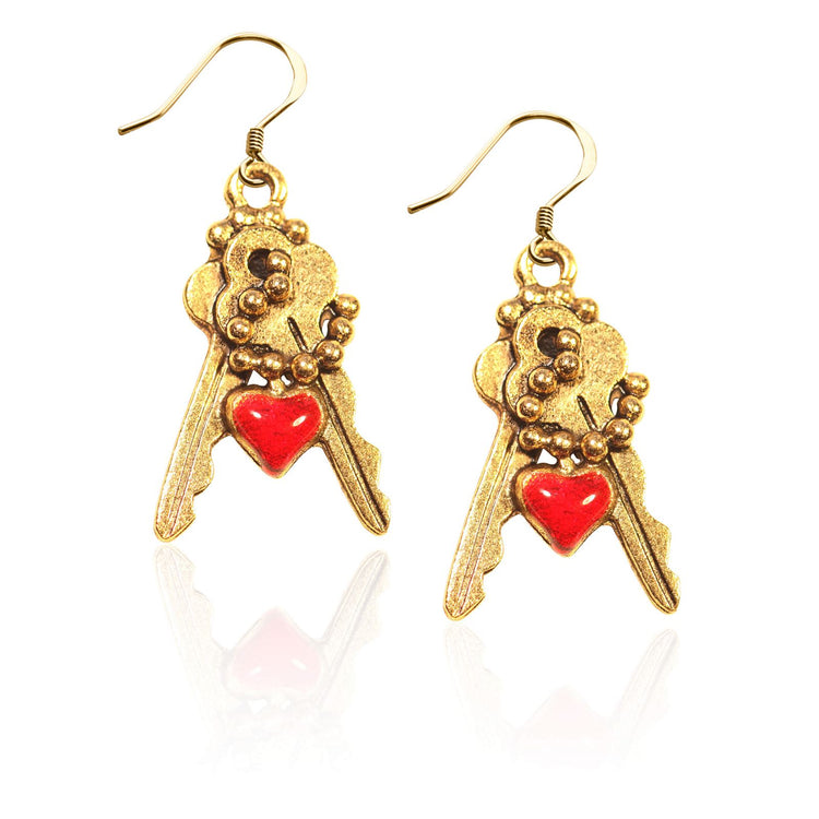Whimsical Gifts | Keys with Heart Charm Earrings in Gold Finish | Youth Themed | | Jewelry