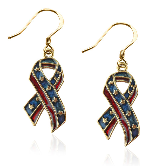 Whimsical Gifts | Patriotic Stars and Stripes Ribbon Charm Earrings in Gold Finish | Patriotic |  | Jewelry