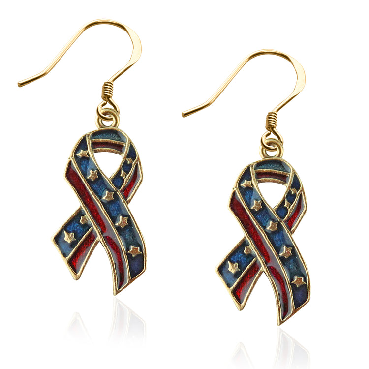Whimsical Gifts | Patriotic Stars and Stripes Ribbon Charm Earrings in Gold Finish | Patriotic | | Jewelry