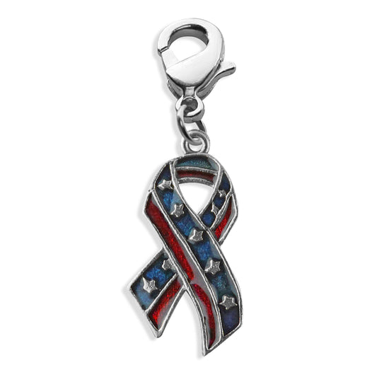Whimsical Gifts | Stars and Stripes Ribbon Charm Dangle in Silver Finish | Patriotic | Charm Dangle