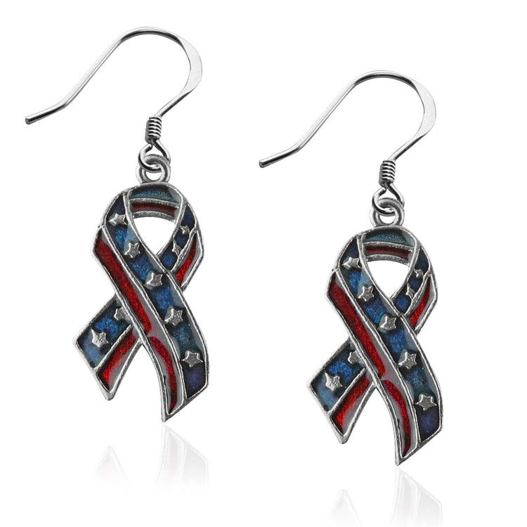 Whimsical Gifts | Patriotic Stars and Stripes Ribbon Charm Earrings in Silver Finish | Patriotic | | Jewelry