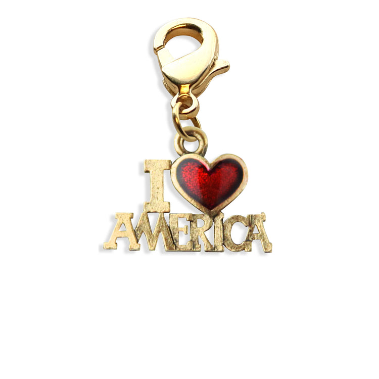 Whimsical Gifts | I Love America Charm Dangle in Gold Finish | Patriotic | Charm Dangle