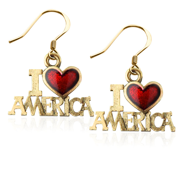 Whimsical Gifts | Patriotic I Love America Charm Earrings in Gold Finish | Patriotic | | Jewelry