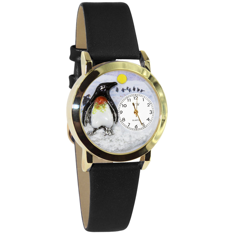 Whimsical Gifts | Penguin 3D Watch Small Style | Handmade in USA | Animal Lover | Zoo & Sealife | Novelty Unique Fun Miniatures Gift | Gold Finish Black Leather Watch Band