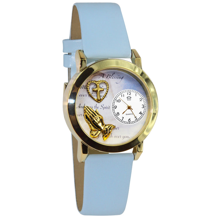 Whimsical Gifts | Blessings Heart Cross 3D Watch Small Style | Handmade in USA | Religious & Spiritual | | Novelty Unique Fun Miniatures Gift | Gold Finish Light Blue Leather Watch Band