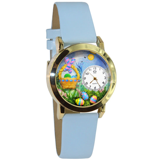Whimsical Gifts | Easter Basket 3D Watch Small Style | Handmade in USA | Holiday & Seasonal Themed | Easter | Novelty Unique Fun Miniatures Gift | Gold Finish Light Blue Leather Watch Band