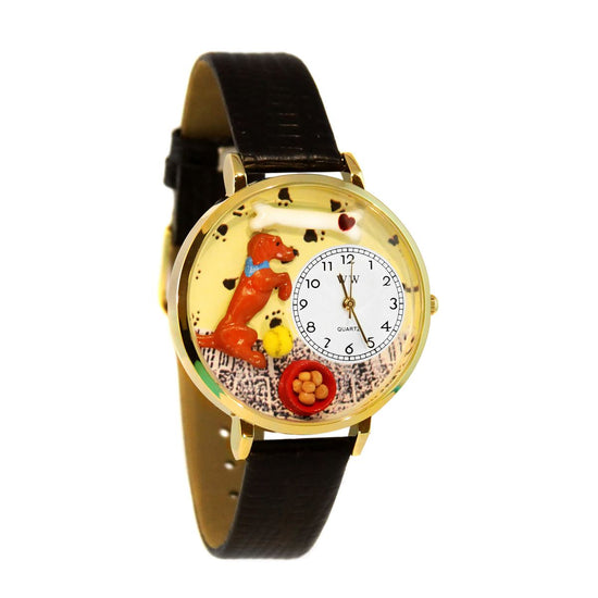 Whimsical Gifts | Begging Dog 3D Watch Large Style | Handmade in USA | Animal Lover | Dog Lover | Novelty Unique Fun Miniatures Gift | Gold Finish Black Leather Watch Band