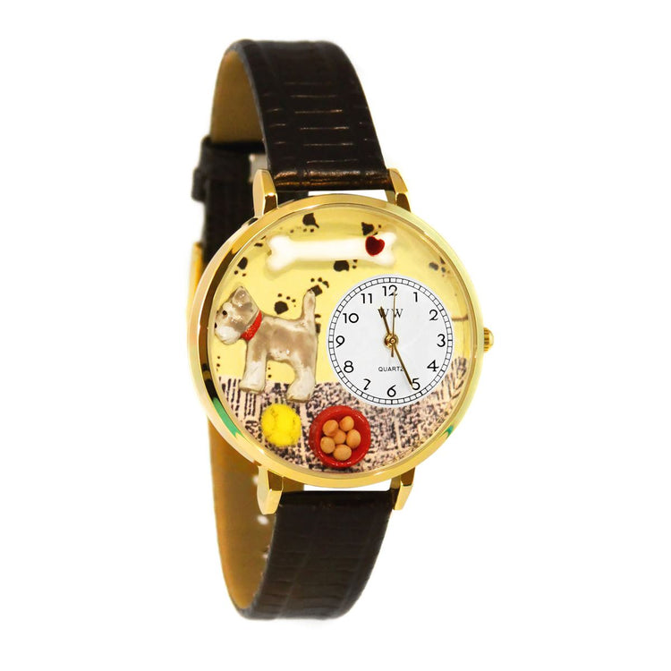 Whimsical Gifts | Schnauzer 3D Watch Large Style | Handmade in USA | Animal Lover | Dog Lover | Novelty Unique Fun Miniatures Gift | Gold Finish Black Leather Watch Band