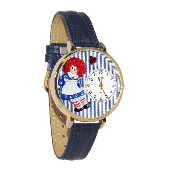 Whimsical Gifts | Raggedy Ann 3D Watch Large Style | Handmade in USA | Youth Themed | | Novelty Unique Fun Miniatures Gift | Gold Finish Navy Blue Leather Watch Band
