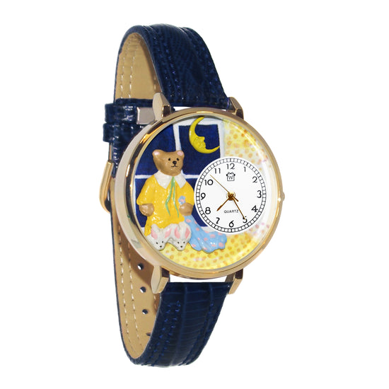 Whimsical Gifts | Night Night Teddy Bear 3D Watch Large Style | Handmade in USA | Youth Themed | | Novelty Unique Fun Miniatures Gift | Gold Finish Navy Blue Leather Watch Band