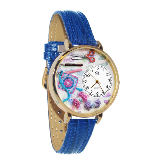 Whimsical Gifts | Crochet 3D Watch Large Style | Handmade in USA | Hobbies & Special Interests | Sewing & Crafting | Novelty Unique Fun Miniatures Gift | Gold Finish Royal Blue Leather Watch Band
