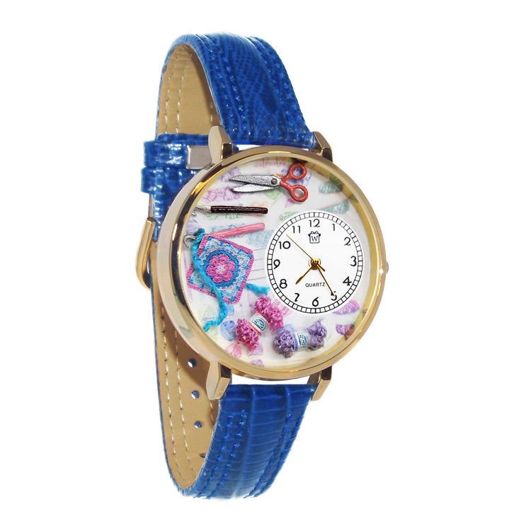 Whimsical Gifts | Crochet 3D Watch Large Style | Handmade in USA | Hobbies & Special Interests | Sewing & Crafting | Novelty Unique Fun Miniatures Gift | Gold Finish Royal Blue Leather Watch Band