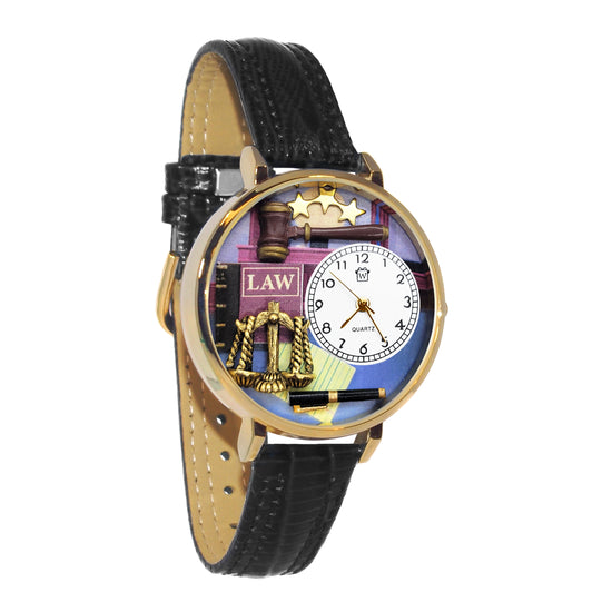 Whimsical Gifts | Lawyer 3D Watch Large Style | Handmade in USA | Professions Themed | Business & Legal | Novelty Unique Fun Miniatures Gift | Gold Finish Black Leather Watch Band