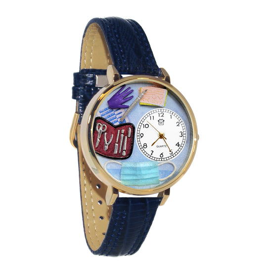 Whimsical Gifts | Medical Suture 3D Watch Large Style | Handmade in USA | Professions Themed | Medical Professions | Novelty Unique Fun Miniatures Gift | Gold Finish Navy Blue Leather Watch Band