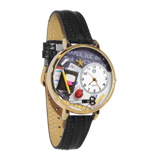 Whimsical Gifts | Teacher Chalkboard 3D Watch Large Style | Handmade in USA | Professions Themed | Teacher | Novelty Unique Fun Miniatures Gift | Gold Finish Black Leather Watch Band