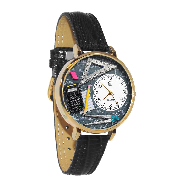 Whimsical Gifts | Math Teacher 3D Watch Large Style | Handmade in USA | Professions Themed | Teacher | Novelty Unique Fun Miniatures Gift | Gold Finish Black Leather Watch Band