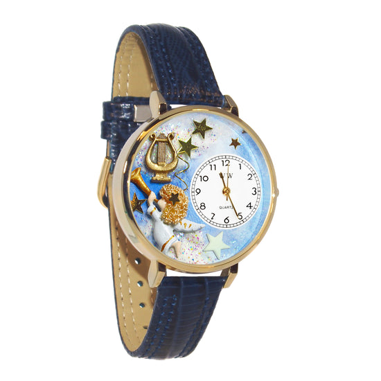 Whimsical Gifts | Angel with Harp 3D Watch Large Style | Handmade in USA | Religious & Spiritual | | Novelty Unique Fun Miniatures Gift | Gold Finish Navy Blue Leather Watch Band