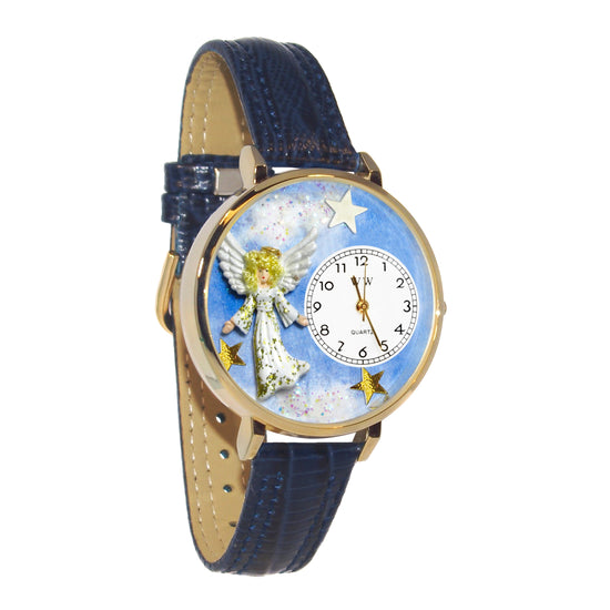 Whimsical Gifts | Angel 3D Watch Large Style | Handmade in USA | Religious & Spiritual | | Novelty Unique Fun Miniatures Gift | Gold Finish Navy Blue Leather Watch Band