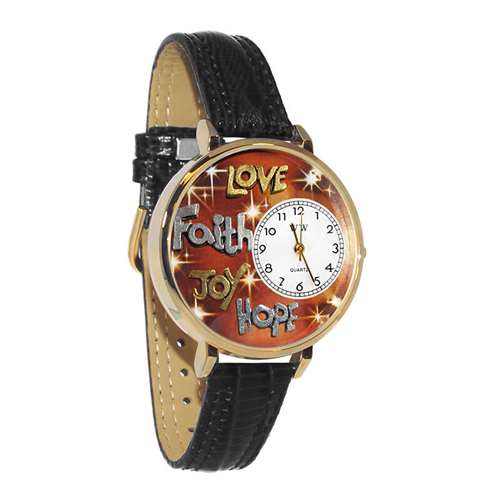 Whimsical Gifts | Faith Hope Love Joy 3D Watch Large Style | Handmade in USA | Religious & Spiritual | | Novelty Unique Fun Miniatures Gift | Gold Finish Black Leather Watch Band