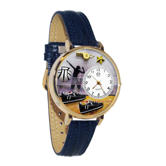 Whimsical Gifts | Volleyball Female 3D Watch Large Style | Handmade in USA | Hobbies & Special Interests | Sports | Novelty Unique Fun Miniatures Gift | Gold Finish Navy Blue Leather Watch Band