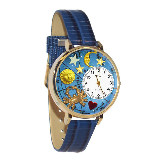 Whimsical Gifts | Cancer Zodiac 3D Watch Large Style | Handmade in USA | Zodiac & Celestial |  | Novelty Unique Fun Miniatures Gift | Gold Finish Royal Blue Leather Watch Band