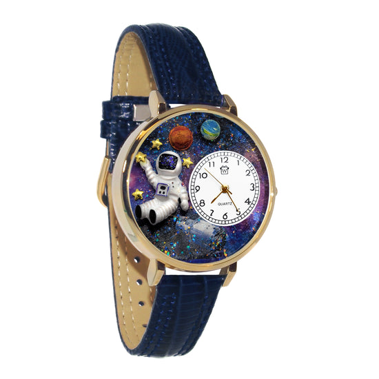 Whimsical Gifts | Astronaut 3D Watch Large Style | Handmade in USA | Youth Themed | | Novelty Unique Fun Miniatures Gift | Gold Finish Navy Blue Leather Watch Band