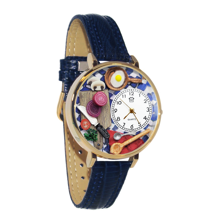 Whimsical Gifts | Chef Cooking 3D Watch Large Style | Handmade in USA | Hobbies & Special Interests | Chef | Cooking | Baking | Novelty Unique Fun Miniatures Gift | Gold Finish Navy Blue Leather Watch Band