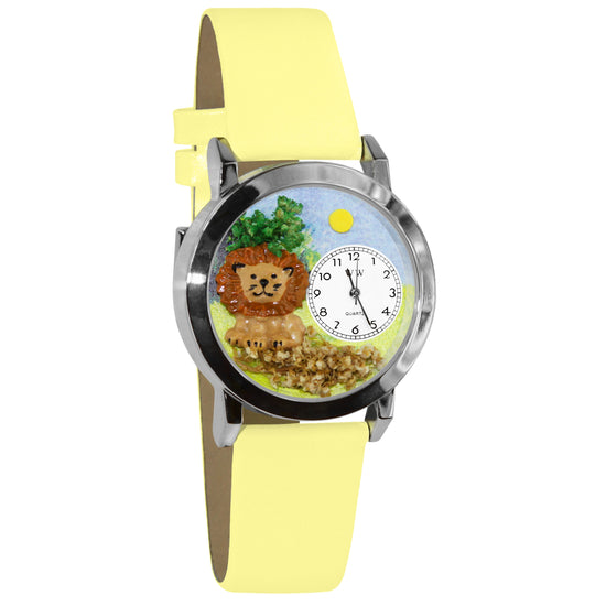 Whimsical Gifts | Lion 3D Watch Small Style | Handmade in USA | Animal Lover | Zoo & Sealife | Novelty Unique Fun Miniatures Gift | Silver Finish Yellow Leather Watch Band