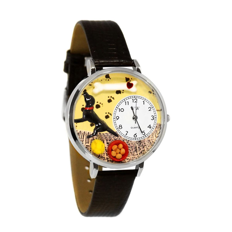 Whimsical Gifts | Black Labrador 3D Watch Large Style | Handmade in USA | Animal Lover | Dog Lover | Novelty Unique Fun Miniatures Gift | Silver Finish Black Leather Watch Band