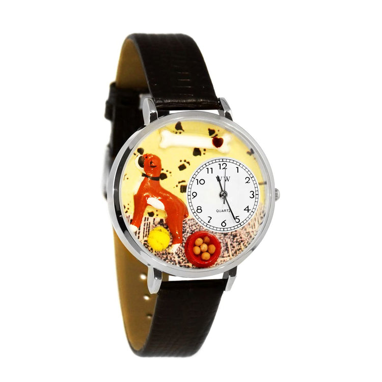 Whimsical Gifts | Boxer 3D Watch Large Style | Handmade in USA | Animal Lover | Dog Lover | Novelty Unique Fun Miniatures Gift | Silver Finish Black Leather Watch Band