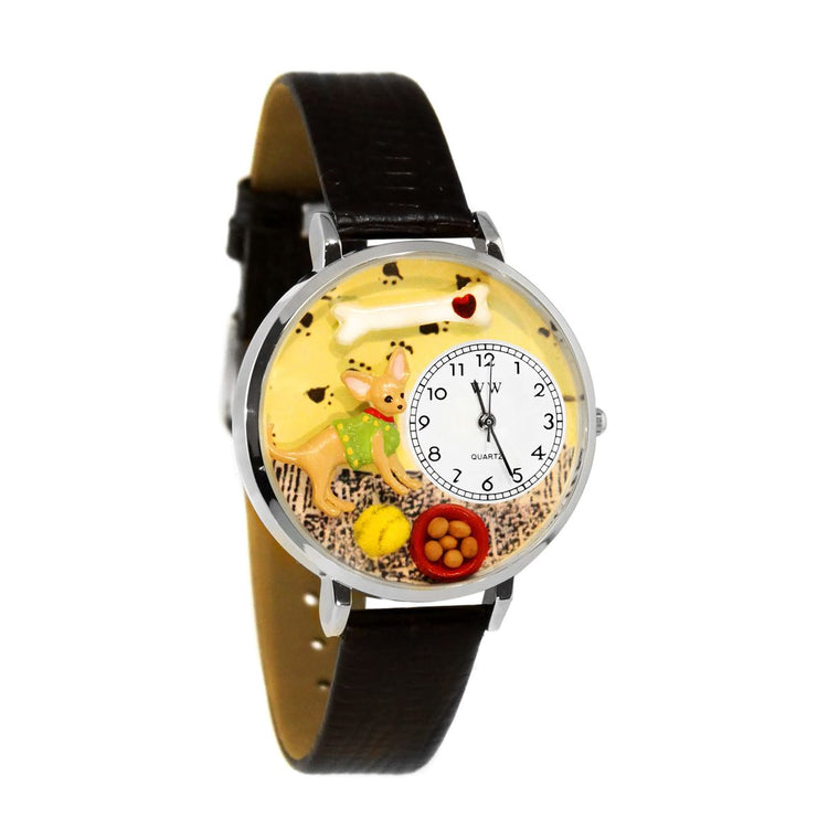 Whimsical Gifts | Chihuahua 3D Watch Large Style | Handmade in USA | Animal Lover | Dog Lover | Novelty Unique Fun Miniatures Gift | Silver Finish Black Leather Watch Band