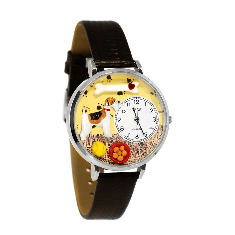 Whimsical Gifts | Fox Terrier 3D Watch Large Style | Handmade in USA | Animal Lover | Dog Lover | Novelty Unique Fun Miniatures Gift | Silver Finish Black Leather Watch Band