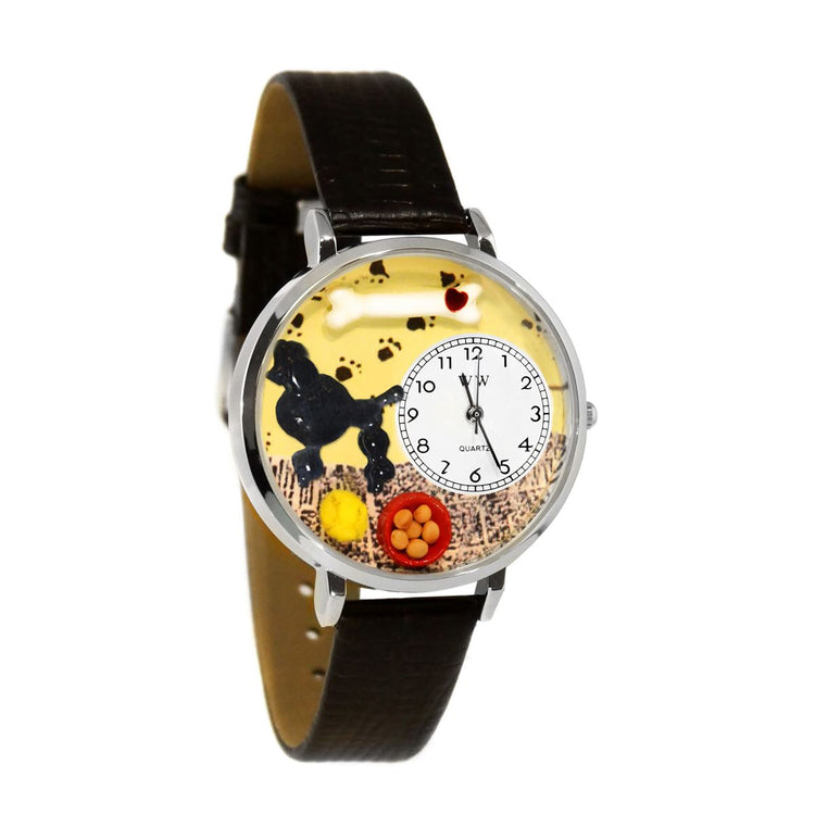 Whimsical Gifts | Poodle 3D Watch Large Style | Handmade in USA | Animal Lover | Dog Lover | Novelty Unique Fun Miniatures Gift | Silver Finish Black Leather Watch Band