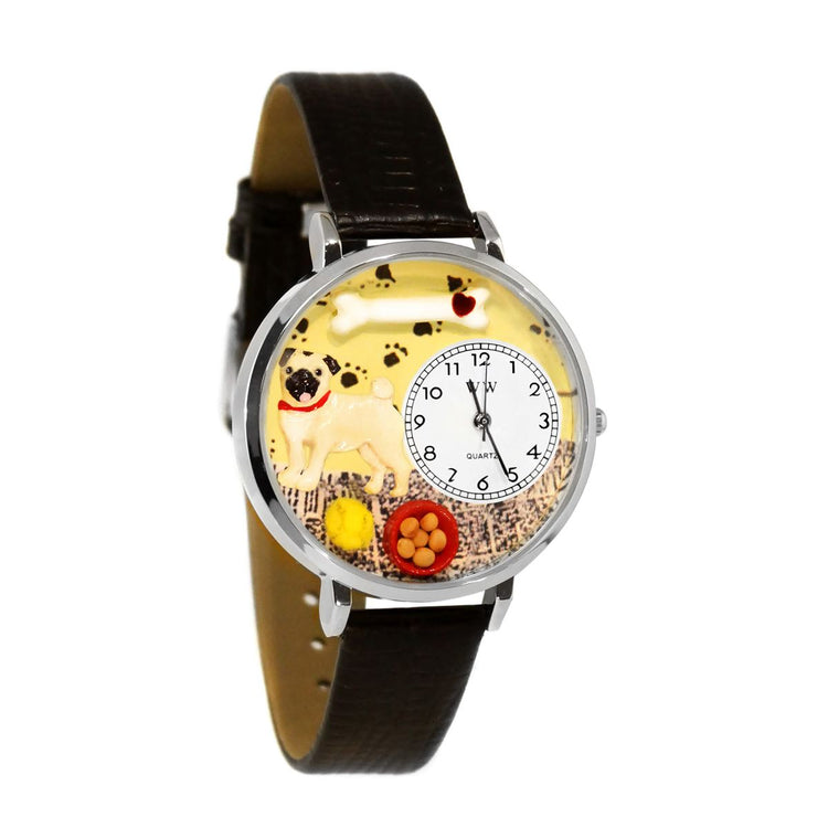 Whimsical Gifts | Pug 3D Watch Large Style | Handmade in USA | Animal Lover | Dog Lover | Novelty Unique Fun Miniatures Gift | Silver Finish Black Leather Watch Band