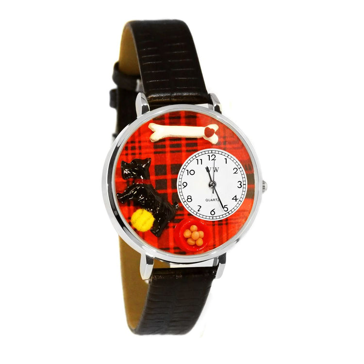 Whimsical Gifts | Scottie 3D Watch Large Style | Handmade in USA | Animal Lover | Dog Lover | Novelty Unique Fun Miniatures Gift | Silver Finish Black Leather Watch Band