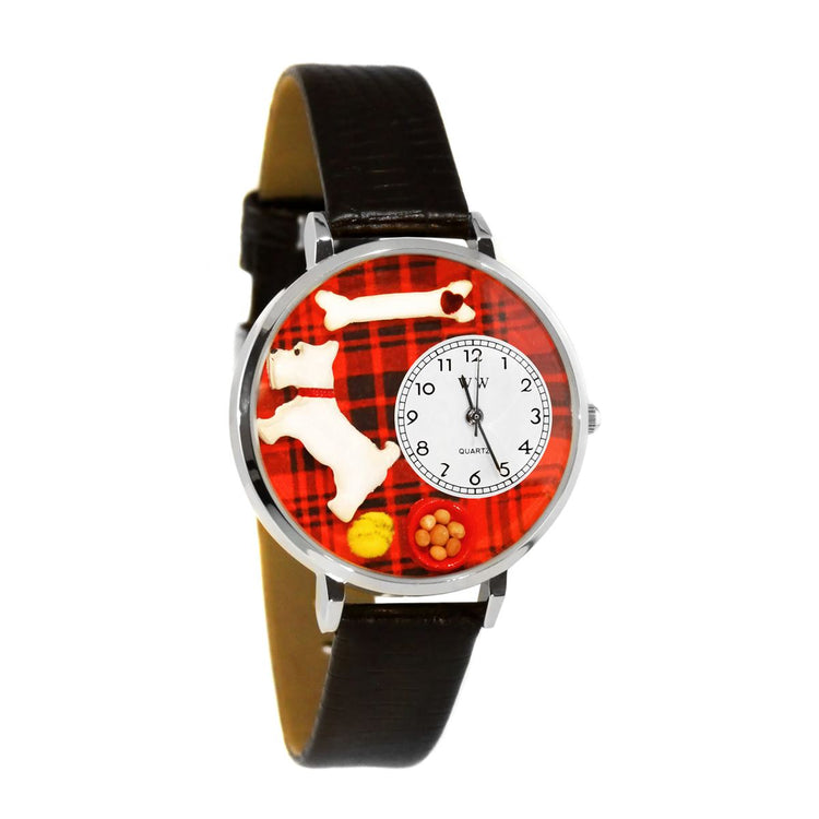 Whimsical Gifts | Westie 3D Watch Large Style | Handmade in USA | Animal Lover | Dog Lover | Novelty Unique Fun Miniatures Gift | Silver Finish Black Leather Watch Band