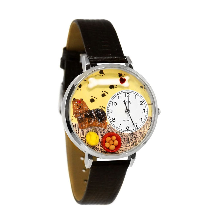 Whimsical Gifts | Yorkie 3D Watch Large Style | Handmade in USA | Animal Lover | Dog Lover | Novelty Unique Fun Miniatures Gift | Silver Finish Black Leather Watch Band