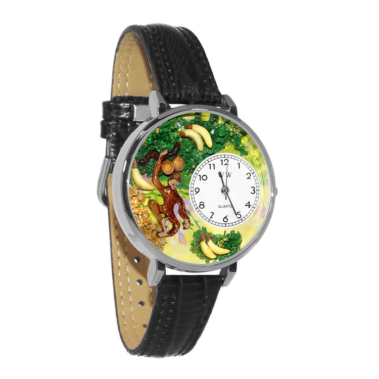 Whimsical Gifts | Monkey 3D Watch Large Style | Handmade in USA | Animal Lover | Zoo & Sealife | Novelty Unique Fun Miniatures Gift | Silver Finish Black Leather Watch Band