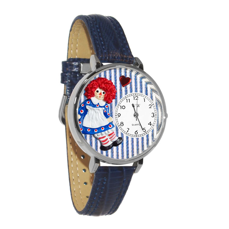 Whimsical Gifts | Raggedy Ann 3D Watch Large Style | Handmade in USA | Youth Themed | | Novelty Unique Fun Miniatures Gift | Silver Finish Navy Blue Leather Watch Band