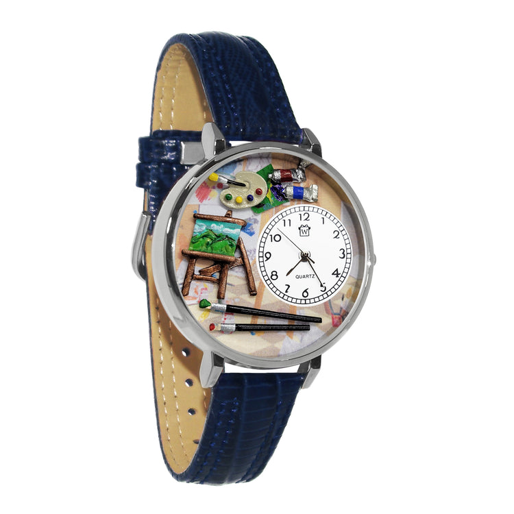 Whimsical Gifts | Artist Easel 3D Watch Large Style | Handmade in USA | Artist | | Novelty Unique Fun Miniatures Gift | Silver Finish Blue Leather Watch Band