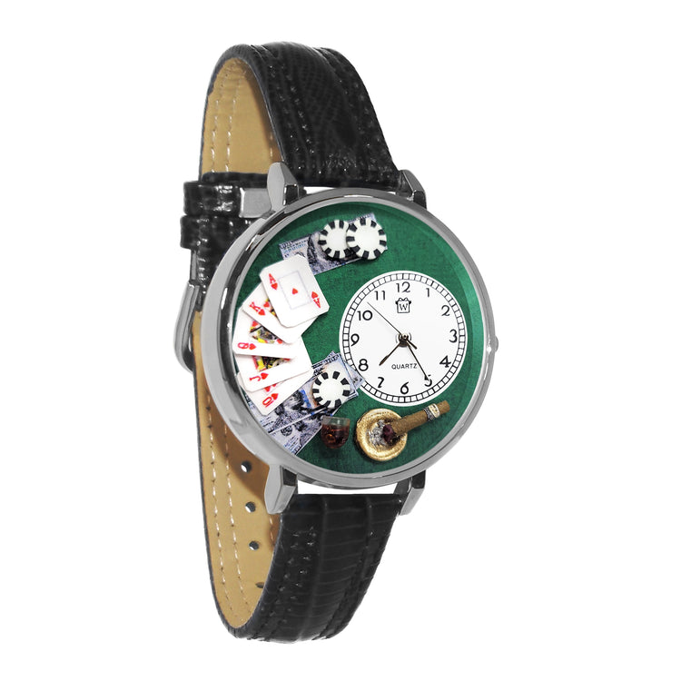 Whimsical Gifts | Poker 3D Watch Large Style | Handmade in USA | Hobbies & Special Interests | Casino & Gaming | Novelty Unique Fun Miniatures Gift | Silver Finish Black Leather Watch Band