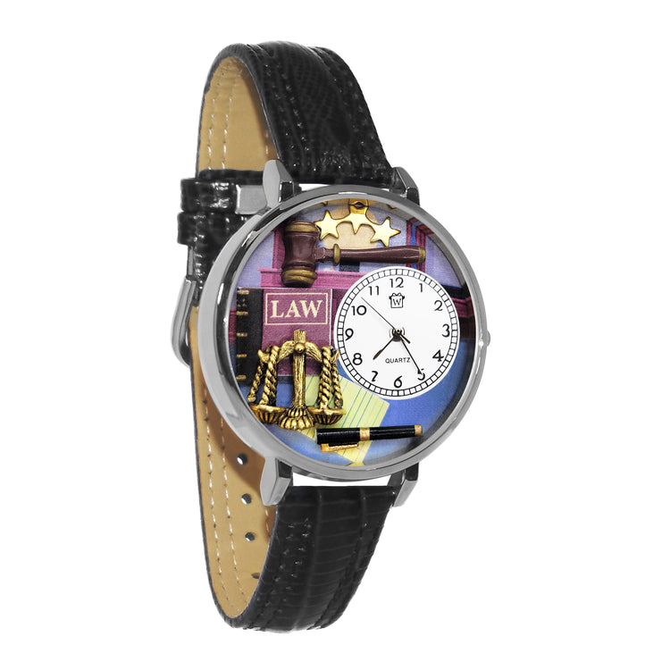 Whimsical Gifts | Lawyer 3D Watch Large Style | Handmade in USA | Professions Themed | Business & Legal | Novelty Unique Fun Miniatures Gift | Silver Finish Black Leather Watch Band