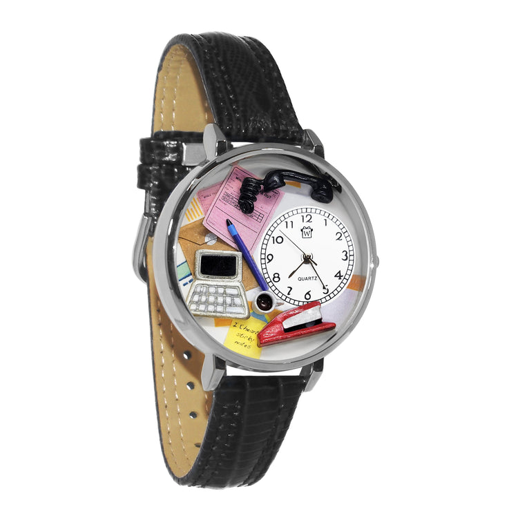 Whimsical Gifts | Administrative Professional 3D Watch Large Style | Handmade in USA | Professions Themed | Business & Legal | Novelty Unique Fun Miniatures Gift | Silver Finish Black Leather Watch Band