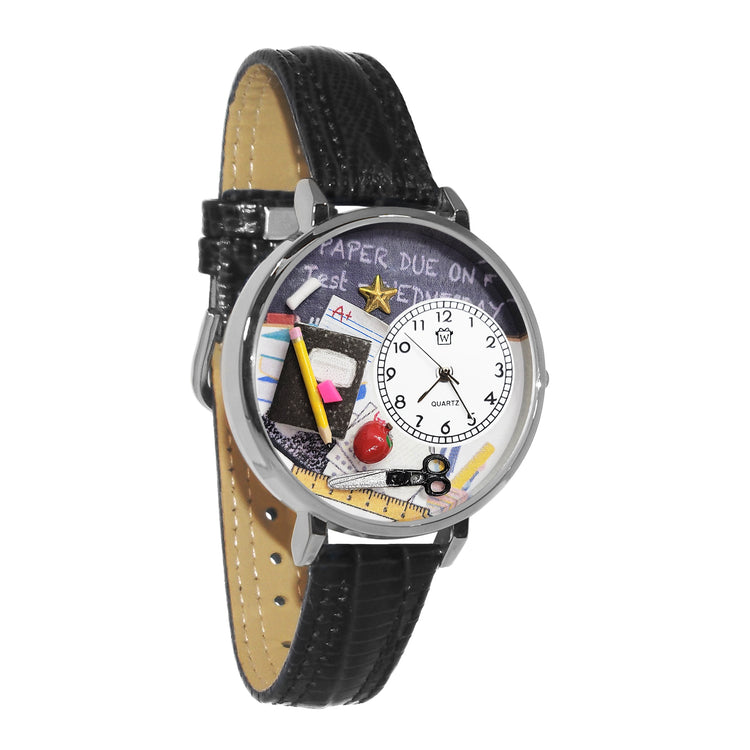 Whimsical Gifts | Teacher Chalkboard 3D Watch Large Style | Handmade in USA | Professions Themed | Teacher | Novelty Unique Fun Miniatures Gift | Silver Finish Black Leather Watch Band