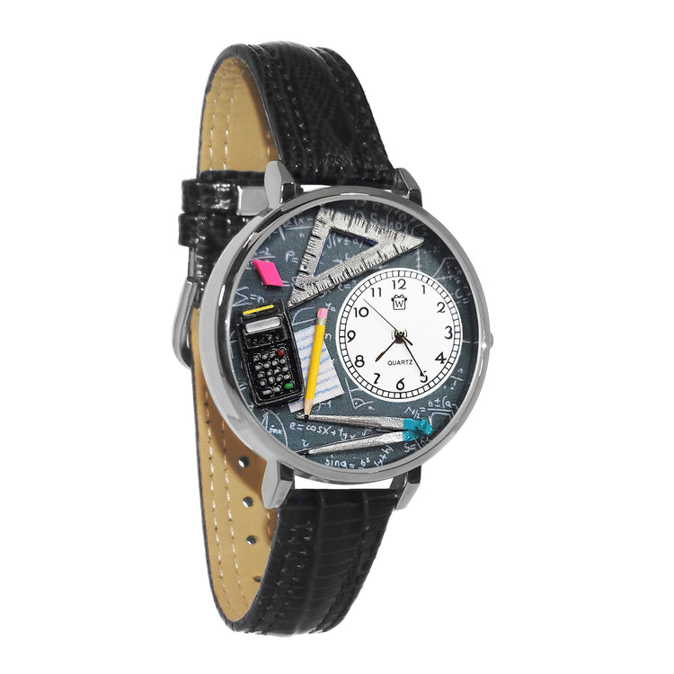 Whimsical Gifts | Math Teacher 3D Watch Large Style | Handmade in USA | Professions Themed | Teacher | Novelty Unique Fun Miniatures Gift | Silver Finish Black Leather Watch Band